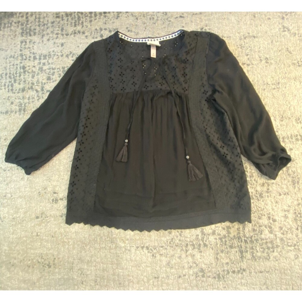 Knox Rose Womens Medium Black Eyelet Boho Blouse Tassel Tie Peasant Top